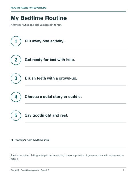 Page 7: My Bedtime Routine, five numbered steps from putting away one activity to saying goodnight