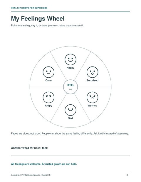 Page 8: My Feelings Wheel with happy, surprised, worried, sad, angry and calm faces