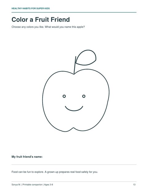 Page 13: Color a Fruit Friend, a smiling apple outline to color and name