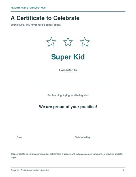 Page 18: Super Kid certificate to celebrate learning, trying and being kind
